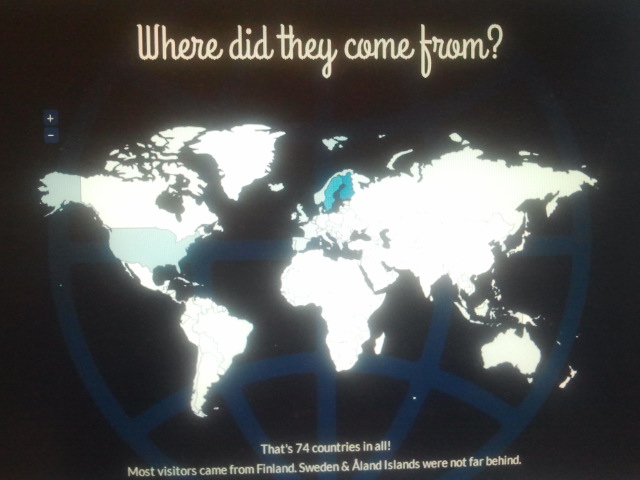 Från hela 74 olika länder kommer mina läsare.