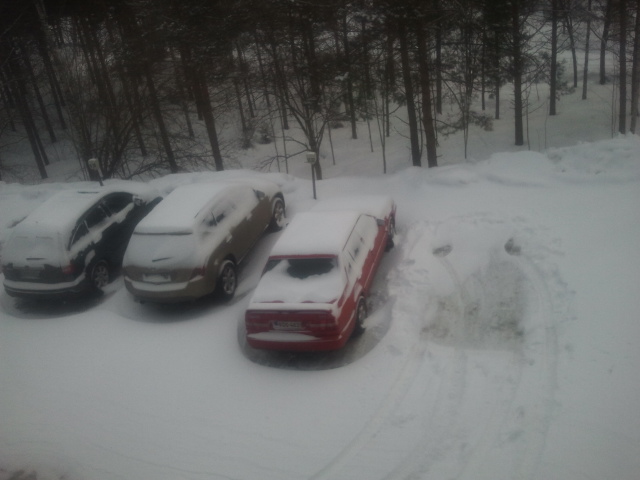 Det hade snöat under natten så vår parkering såg ut så här i morse.