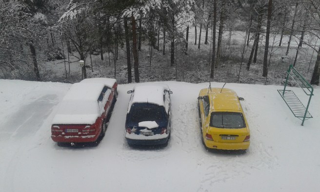 Internationell parkering. Den röda kommer från Finland, den i mitten från Slovakien och den högra från Sverige. I morse var svensken först ute och putsade sin bil.