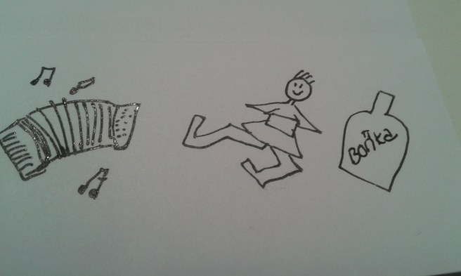 Ett dragspel, en gubbe som dansar ripaska, en vodkaflaska. Om ni nu inte såg det.