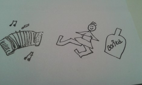 Ett dragspel, en gubbe som dansar ripaska, en vodkaflaska. Om ni nu inte såg det.