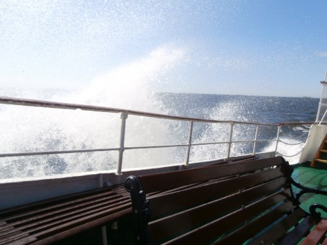 Det blåste 15 meter i sekunden och vattnet stänkte runt fören där vi satt, men inte PÅ oss :-) Det var som att åka berg-och-dal-bana, vi tjoade och skrek.