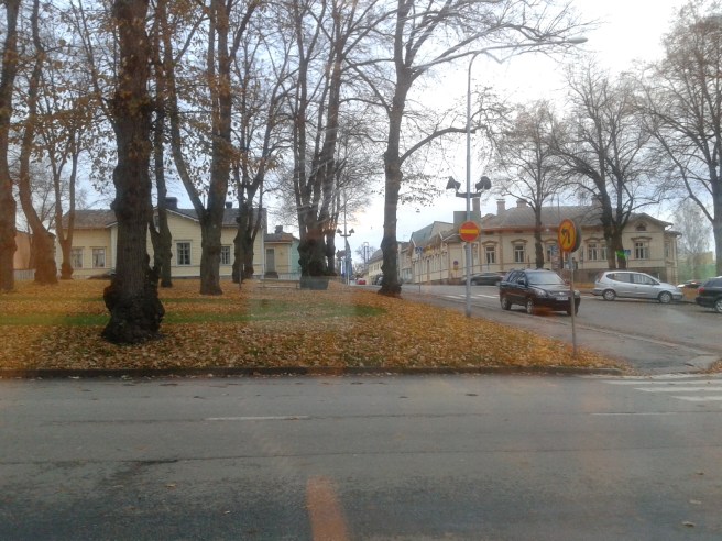 Vackert med löv på marken och mörka trädstammar som siluetter. Något att måla på kursen i framtiden kanske?