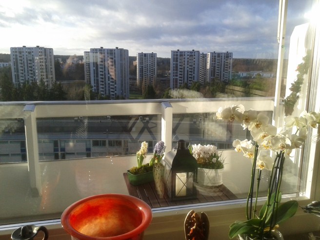 Utsikten genom de nya fönstren mot balkongen och Näsbydal. En bloggvän hade bett mig ta solen med mig då jag kom, och som ni ser lydde jag order :-)