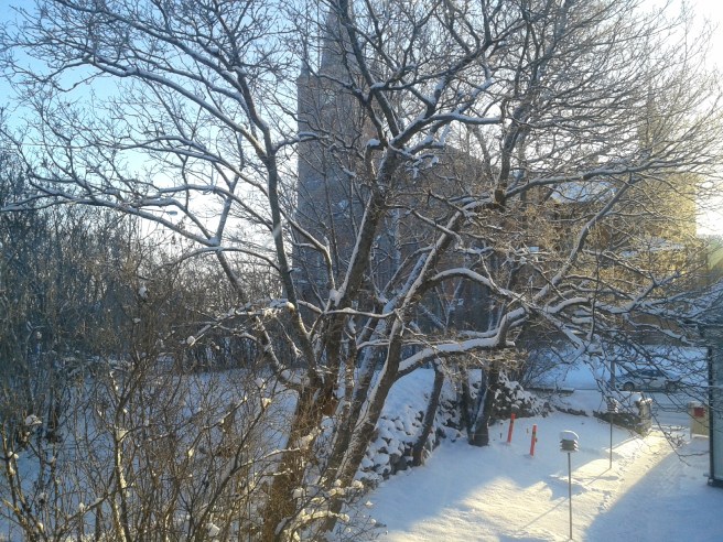 Vacker utsikt från redaktionen mot kyrkan.