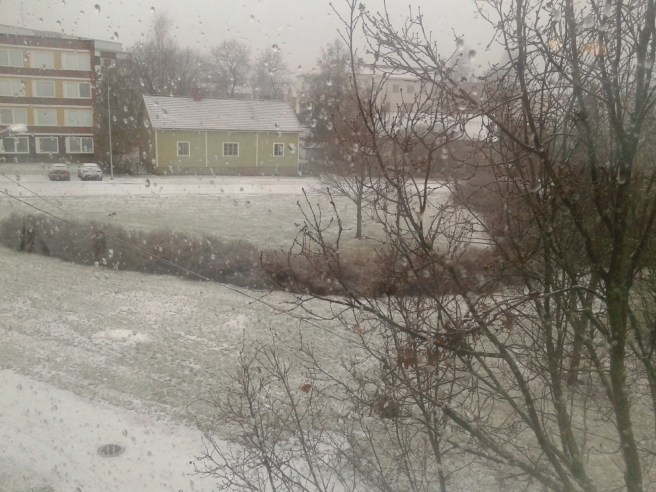 Utsikten från arbetsrummets fönster. Det syns inte på bilden men vi har yrsnö .