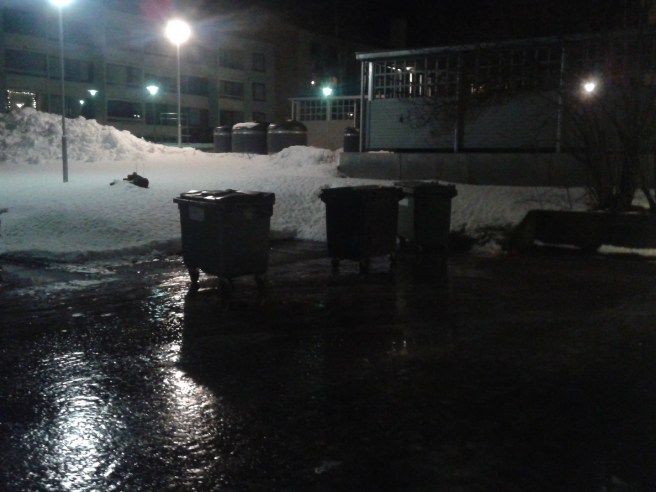 Då jag kom hem såg jag att våra skräpcontainers åkt iväg på drift i stormen över det ishala underlaget.