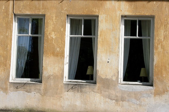 Några av cafeterian Runda Munkens fönster mot gårdssidan.