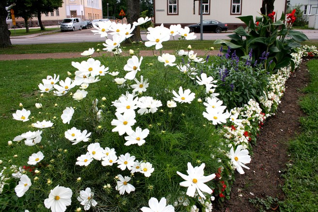 Välskötta rabatter omgärdar fontänen.