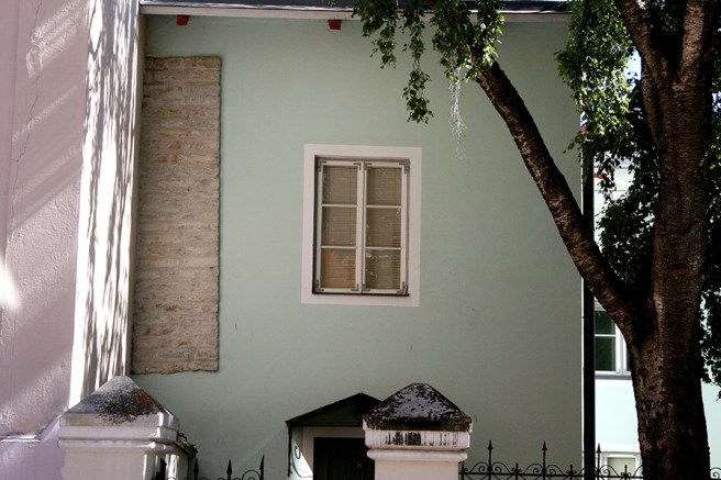 Eftermiddagssolen träffar så vackert väggen där skuggor av trädets grenar avtecknar sig.