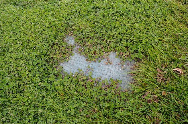 Ett brunnslock mitt på banan.