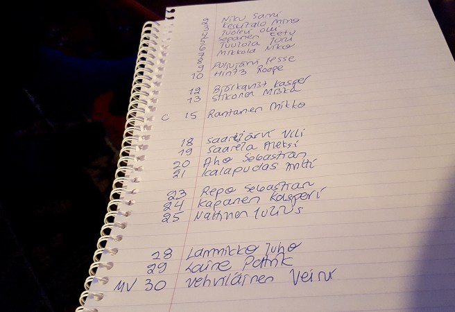 Mitt stora nöje under hockeymatcher i större sammanhang är att lära mig spelarnas namn. Jag vill inte fuska genom att ta laguppställningen från nätet utan lär mig spelarnas namn och nummer genom att titta och anteckna :-)