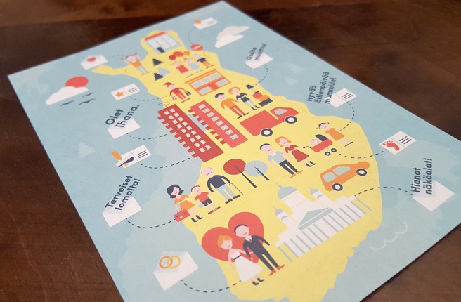 Olet ihana - du är underbar. Terveiset lomalta - hälsningar från semestern. Hienot näköalat - fina utsikter. Hyvää äitienpäivää mummille - Glad mors dag till mormor/farmor. Osoite muuttuu - adressen ändras.