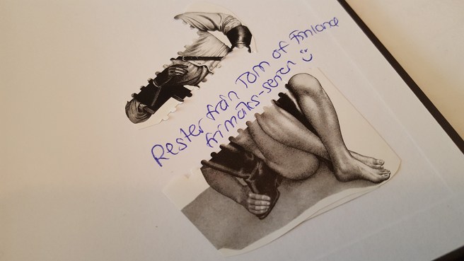 Då jag pusslade ihop resterna av det som blev kvar då frimärkena hade lossats från Tom of Finland-häftet kunde jag pryda baksidan i min dagbok med det här :-)