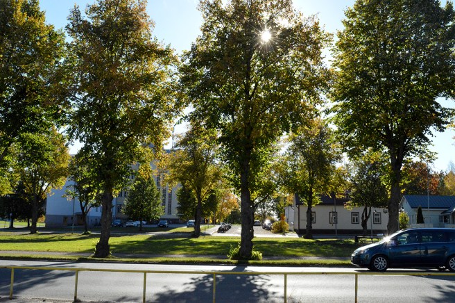 Tranbrunnsparken mittemot busstationen. I bakgrunden Lovisa gymnasium.