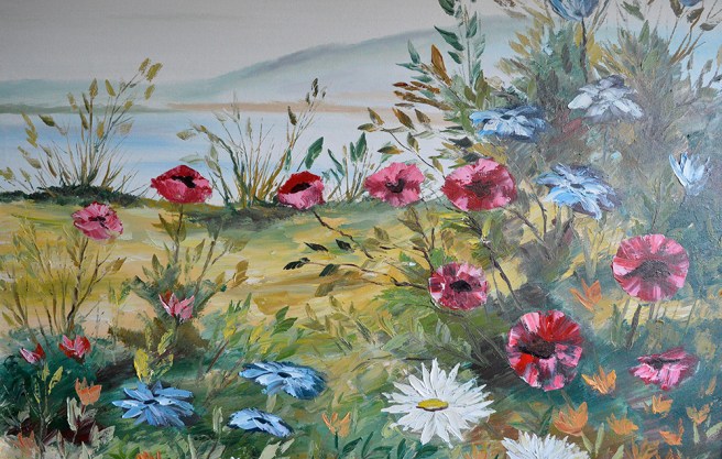 En del av en tavla som hänger på väggen hos min vän Inga i Täby i Sverige.