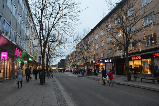 Ingen snö, men lite fin julbelysning i träden.